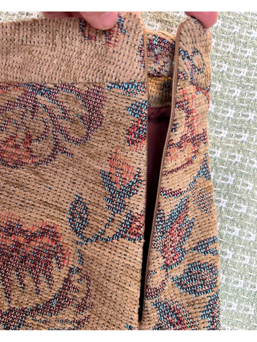 Floral Tapestry A-Line Skirt. Tan w/Rust&Blue Accents. Fully lined. Hidden zipr
